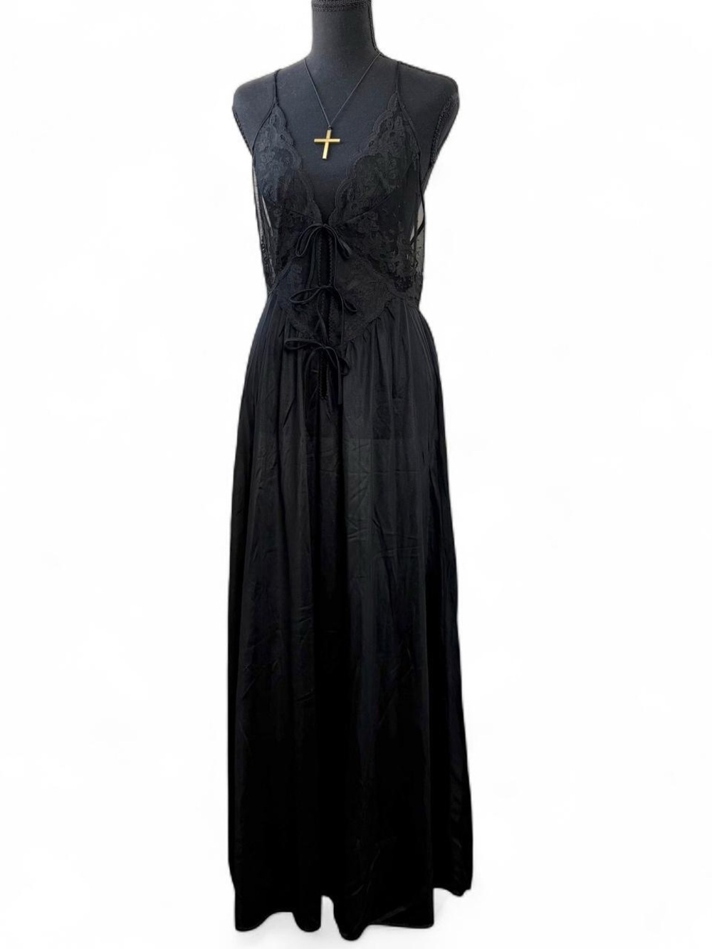 Vintage Penneys Black Lace Tie Front Nightgown Gothic Maxi Lingerie